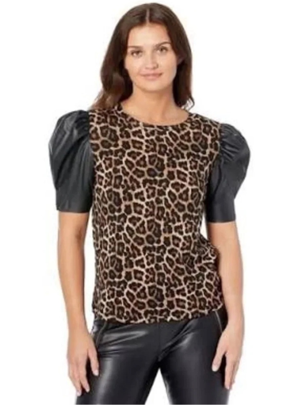NWT Michael Kors Womens Top Size XS Leopard Print Vegan Faux Leather Sleeve
